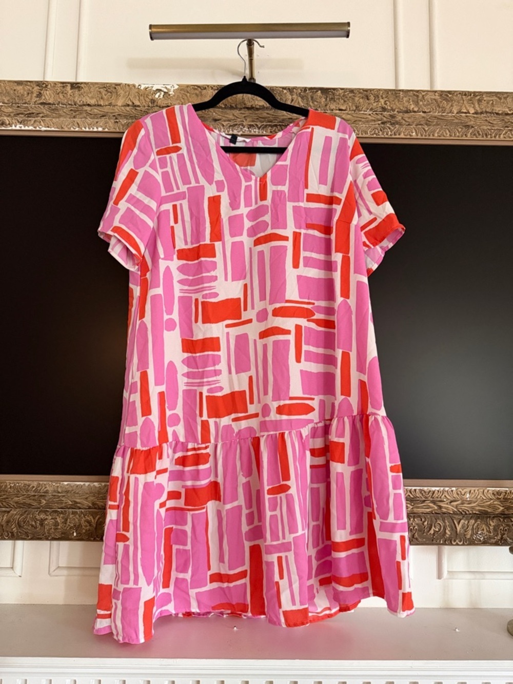 Pink & Red Patterned Short Sleeve Drop-Waist Dress